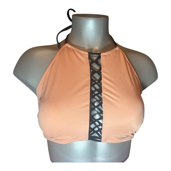 Victoria's Secret PINK Peach w/ Black Strappy High Neck Swim Top LARGE No Tag - Picture 1 of 2